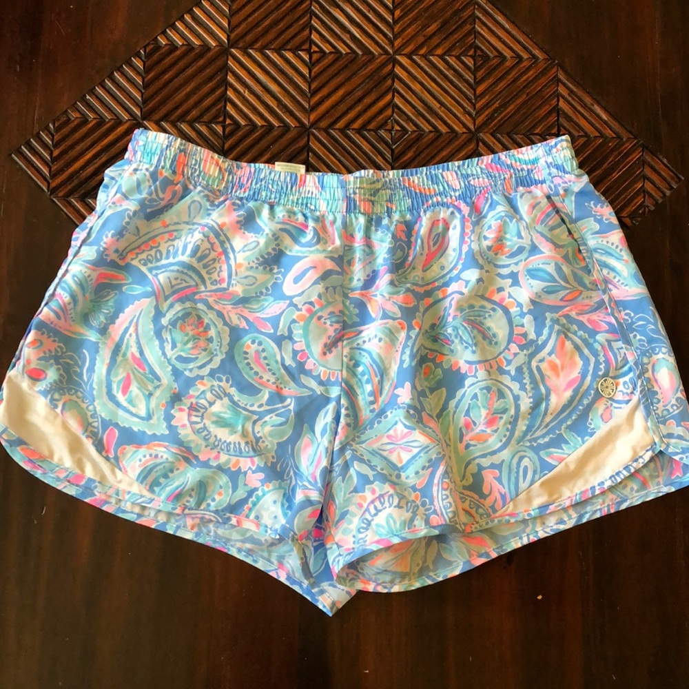 Lilly Pulitzer Blue and Pink Athletic Shorts Vibrant Paisley Design